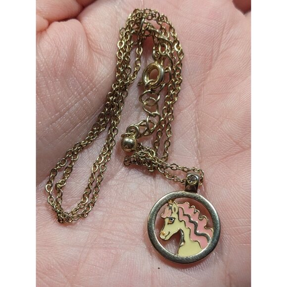 Vintage Pink And White Unicorn Pendant Necklace With Gold Tone Chain - Picture 5 of 6